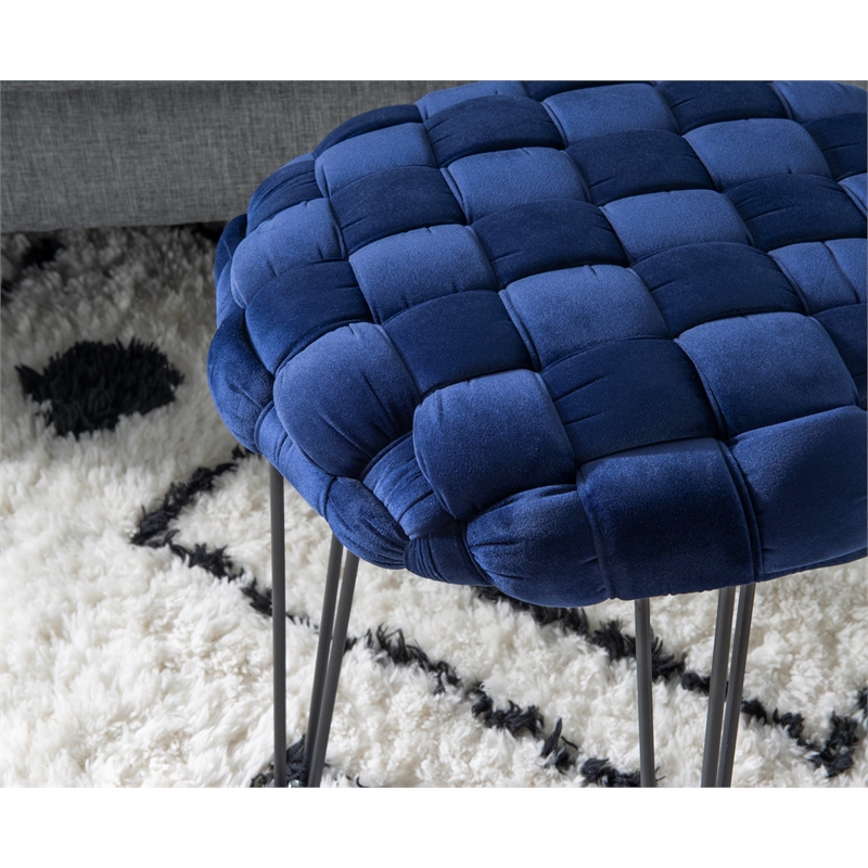Linon Henson Round Stool Black Hairpin Legs Basketweave Seat in Navy Blue Velvet