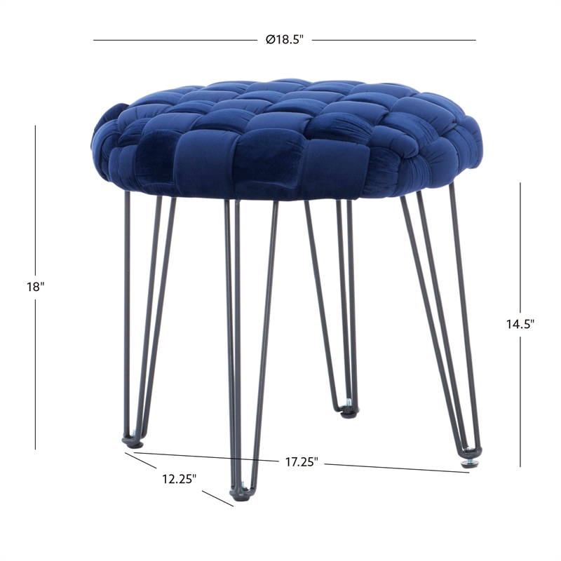 Linon Henson Round Stool Black Hairpin Legs Basketweave Seat in Navy Blue Velvet