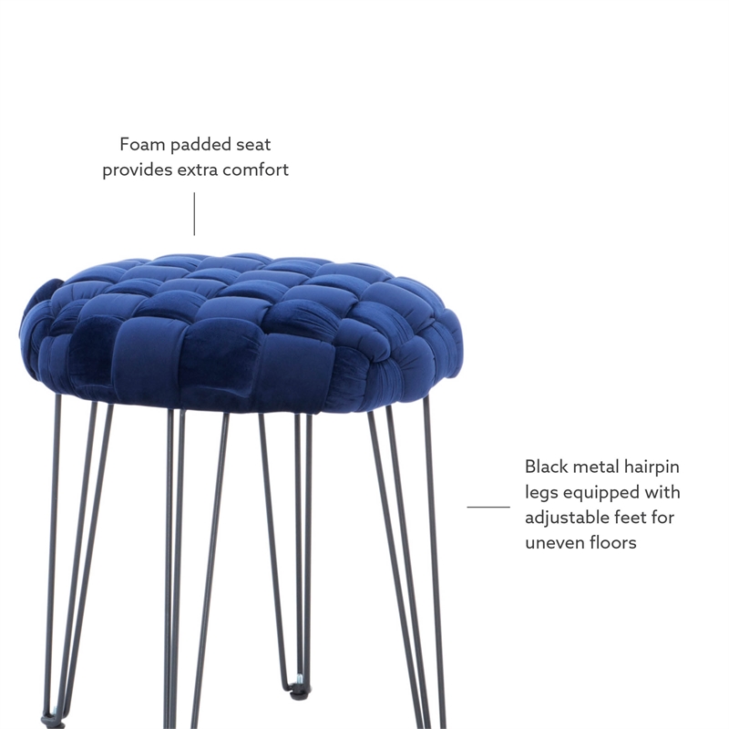 Linon Henson Round Stool Black Hairpin Legs Basketweave Seat in Navy Blue Velvet