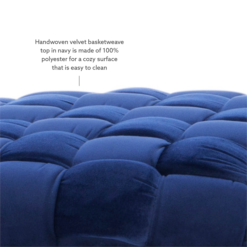 Linon Henson Round Stool Black Hairpin Legs Basketweave Seat in Navy Blue Velvet