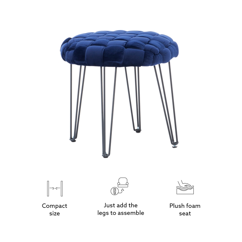 Linon Henson Round Stool Black Hairpin Legs Basketweave Seat in Navy Blue Velvet