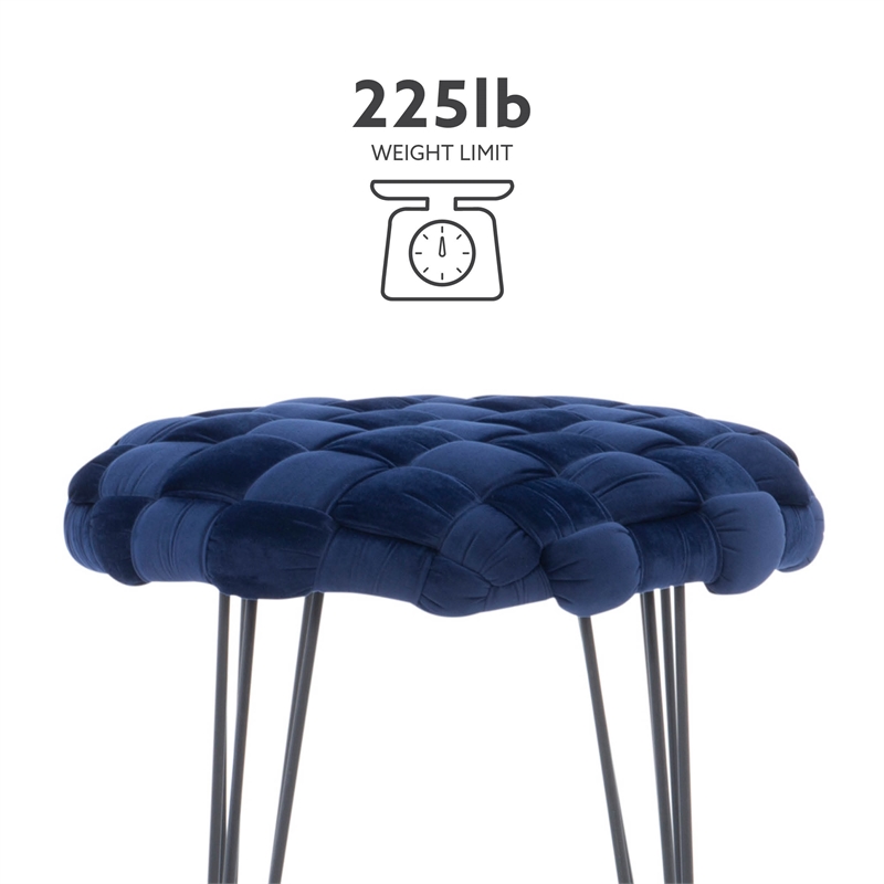 Linon Henson Round Stool Black Hairpin Legs Basketweave Seat in Navy Blue Velvet