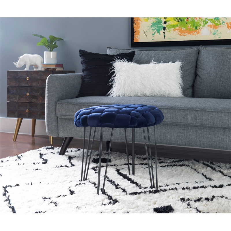 Linon Henson Round Stool Black Hairpin Legs Basketweave Seat in Navy Blue Velvet