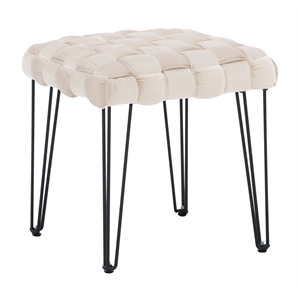 Linon Henson Square Stool Black Hairpin legs Basketweave Seat in Cream Velvet