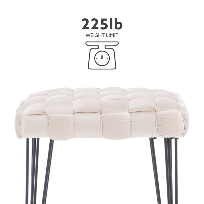 Linon Henson Square Stool Black Hairpin legs Basketweave Seat in Cream Velvet
