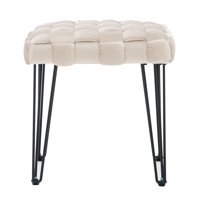 Linon Henson Square Stool Black Hairpin legs Basketweave Seat in Cream Velvet