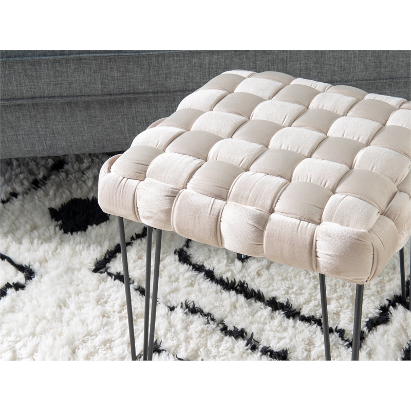 Linon Henson Square Stool Black Hairpin legs Basketweave Seat in Cream Velvet