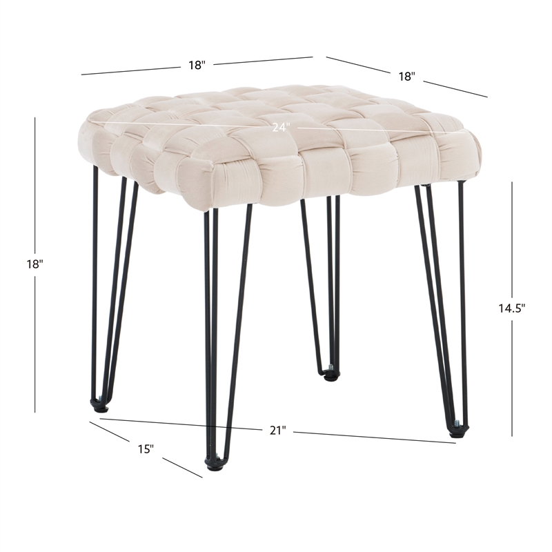 Linon Henson Square Stool Black Hairpin legs Basketweave Seat in Cream Velvet