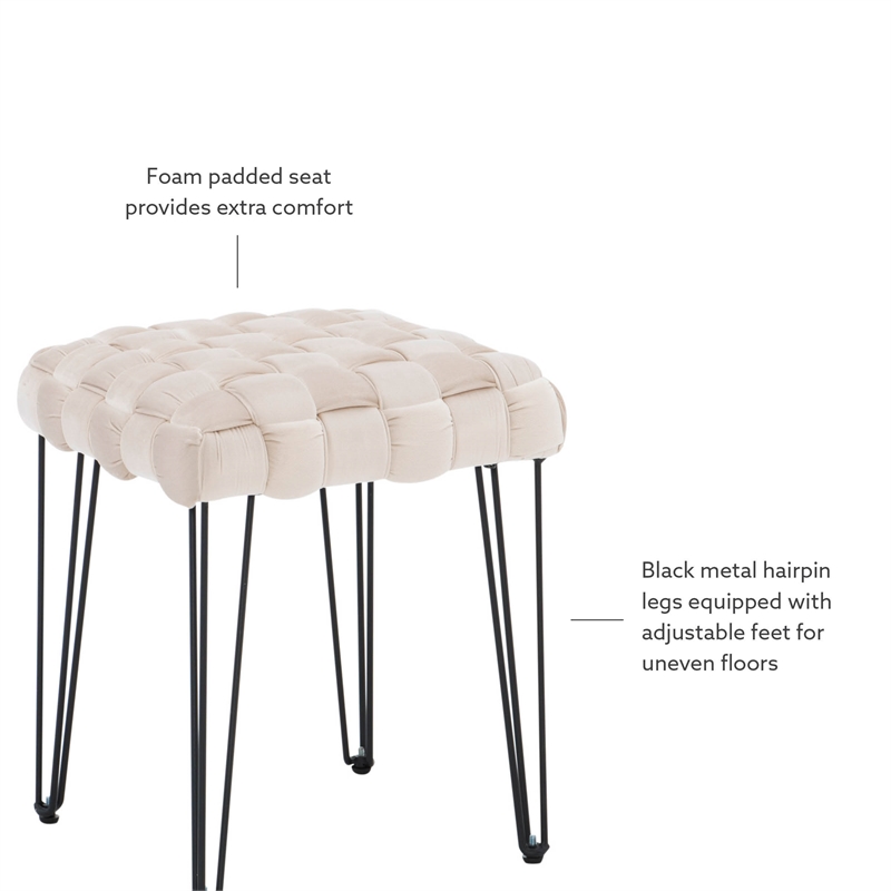 Linon Henson Square Stool Black Hairpin legs Basketweave Seat in Cream Velvet
