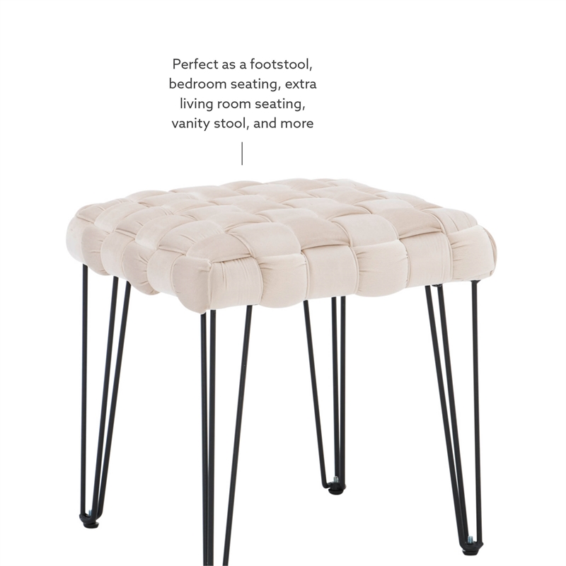 Linon Henson Square Stool Black Hairpin legs Basketweave Seat in Cream Velvet