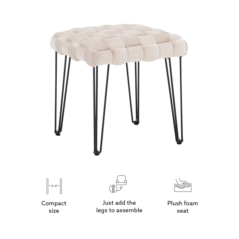 Linon Henson Square Stool Black Hairpin legs Basketweave Seat in Cream Velvet