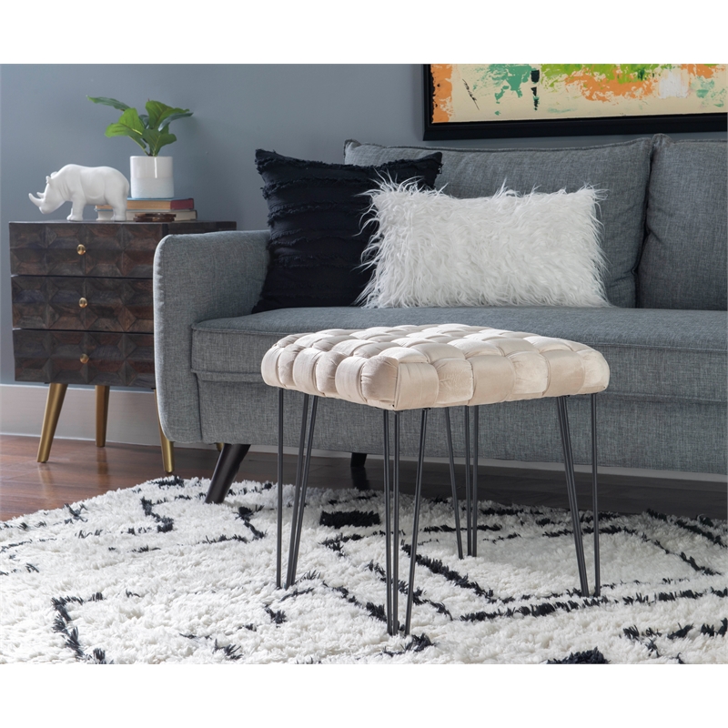 Linon Henson Square Stool Black Hairpin legs Basketweave Seat in Cream Velvet