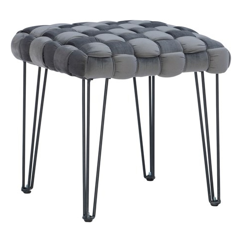 Linon Henson Square Stool Black Hairpin Legs Basketweave Seat in Gray Velvet