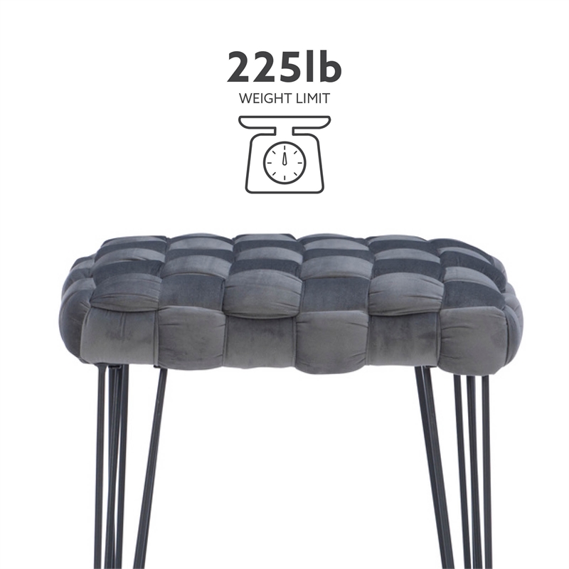 Linon Henson Square Stool Black Hairpin Legs Basketweave Seat in Gray Velvet