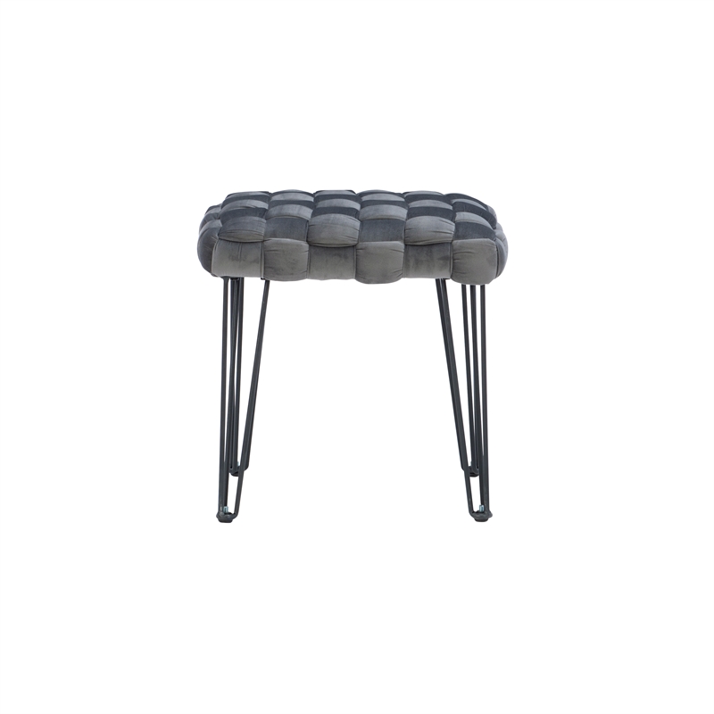 Linon Henson Square Stool Black Hairpin Legs Basketweave Seat in Gray Velvet