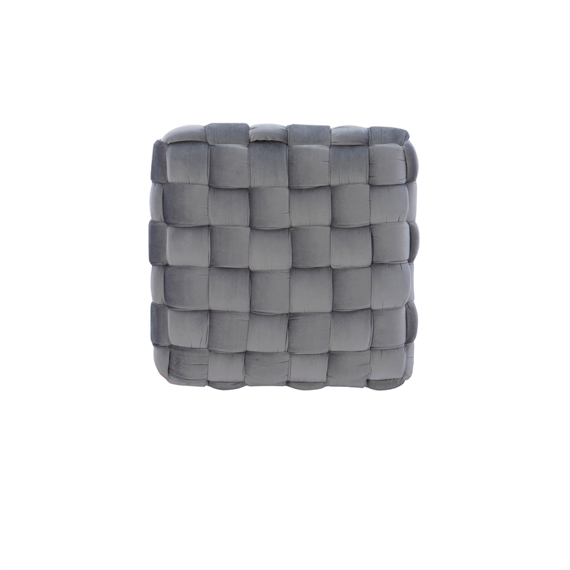 Linon Henson Square Stool Black Hairpin Legs Basketweave Seat in Gray Velvet