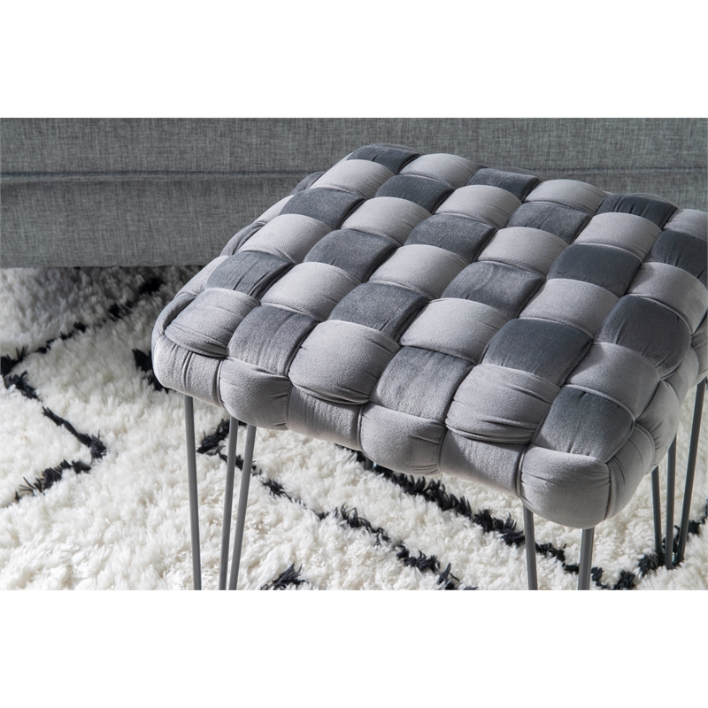 Linon Henson Square Stool Black Hairpin Legs Basketweave Seat in Gray Velvet