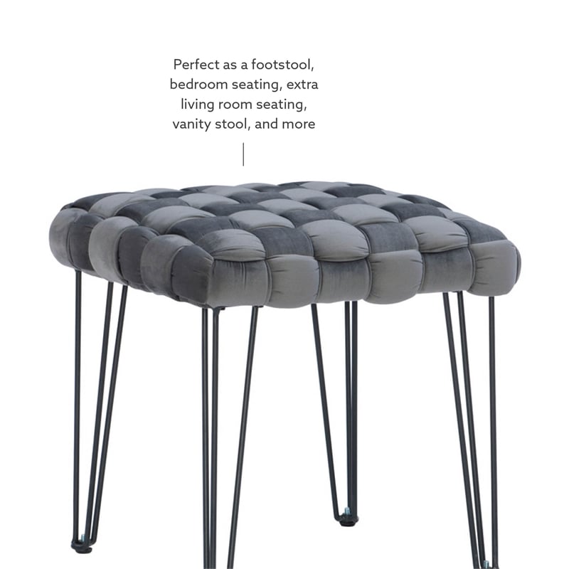 Linon Henson Square Stool Black Hairpin Legs Basketweave Seat in Gray Velvet