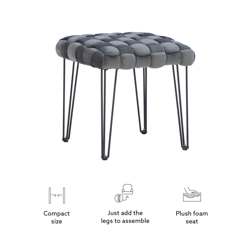 Linon Henson Square Stool Black Hairpin Legs Basketweave Seat in Gray Velvet