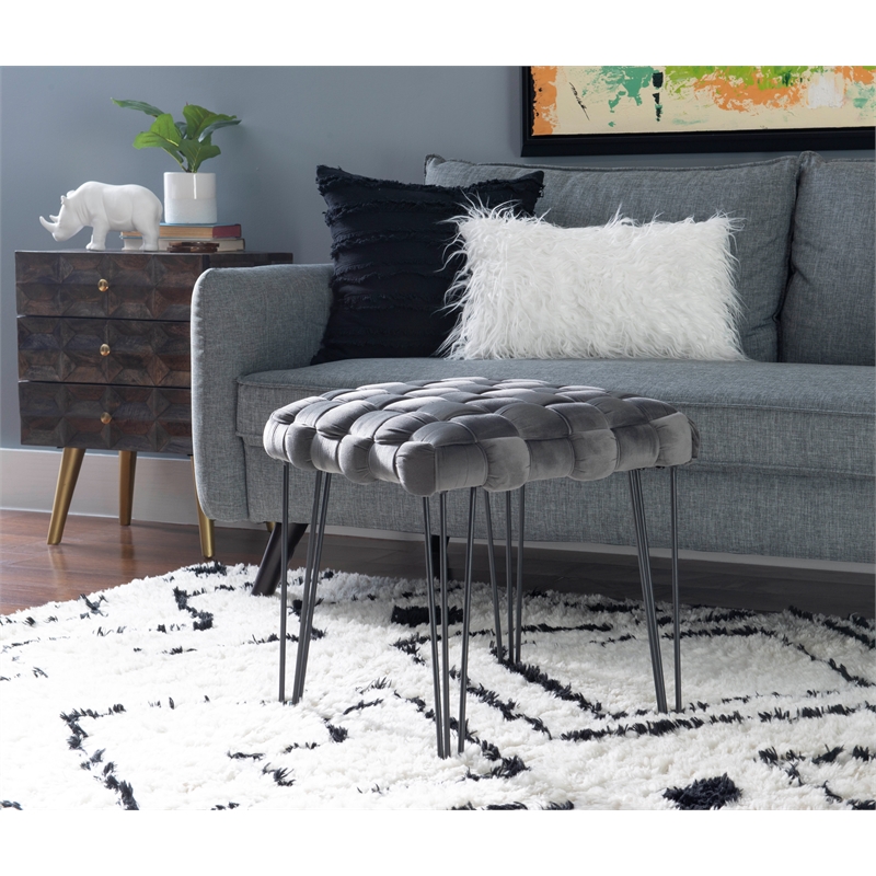 Linon Henson Square Stool Black Hairpin Legs Basketweave Seat in Gray Velvet