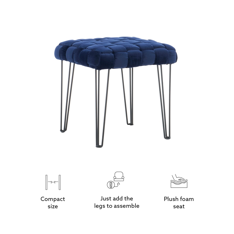 Linon Henson Square Stool Black Hairpin Legs Basketweave Seat in Navy Velvet