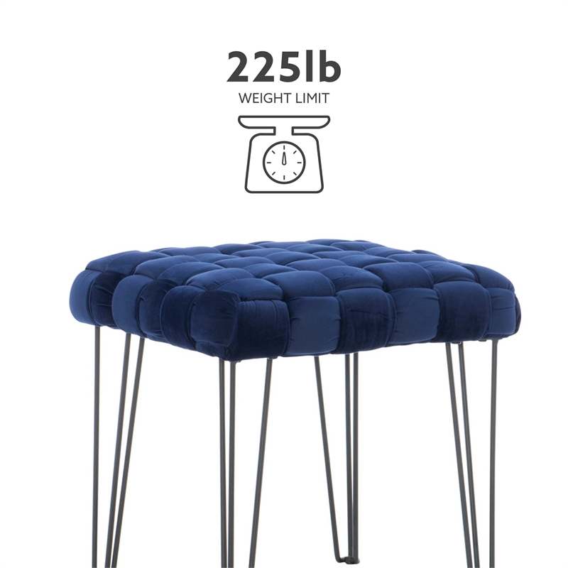 Linon Henson Square Stool Black Hairpin Legs Basketweave Seat in Navy Velvet