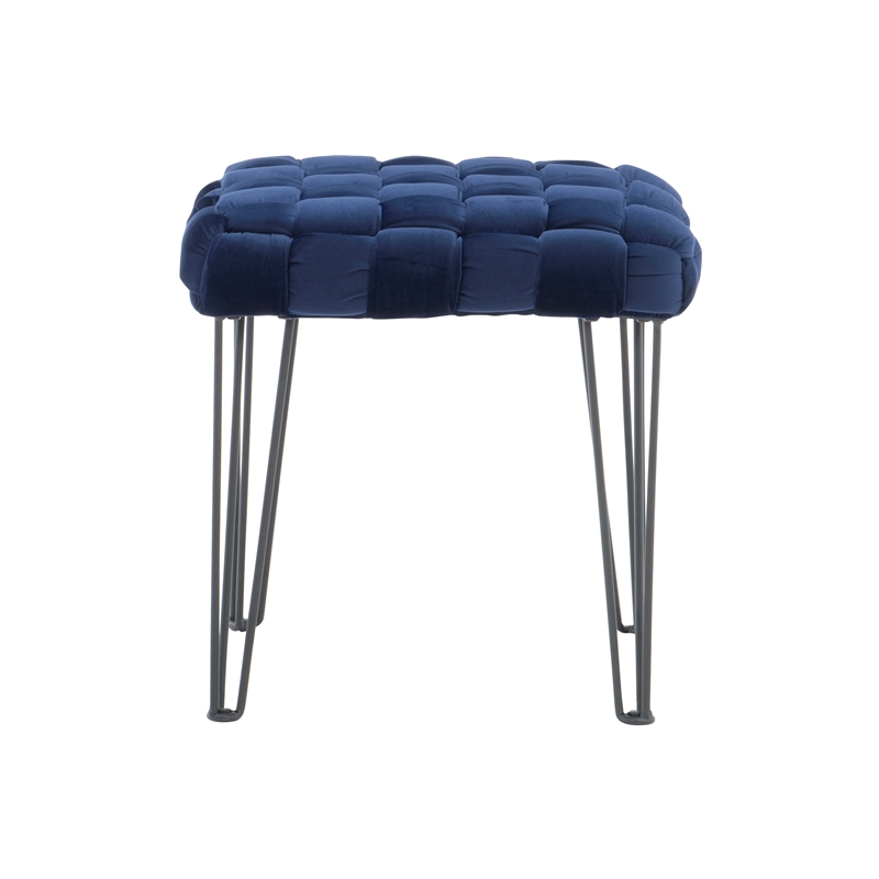 Linon Henson Square Stool Black Hairpin Legs Basketweave Seat in Navy Velvet