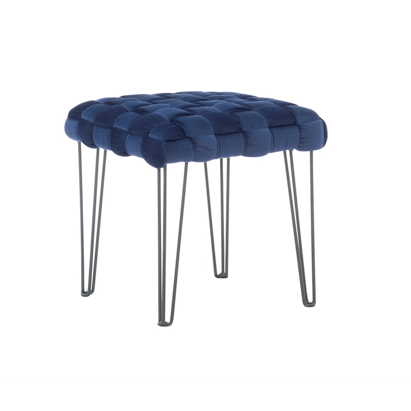 Linon Henson Square Stool Black Hairpin Legs Basketweave Seat in Navy Velvet