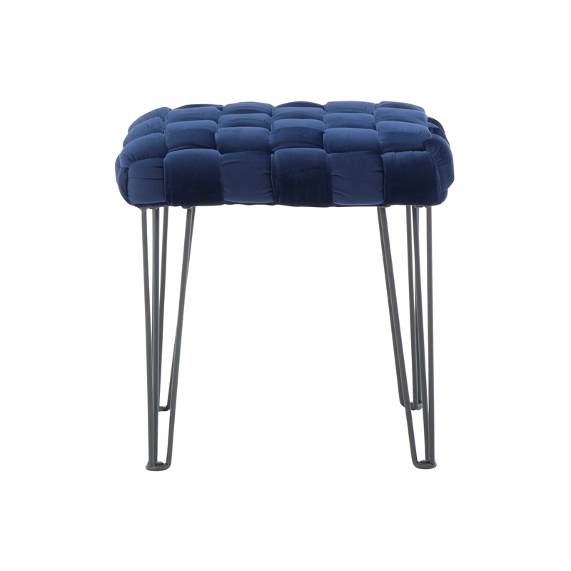 Linon Henson Square Stool Black Hairpin Legs Basketweave Seat in Navy Velvet