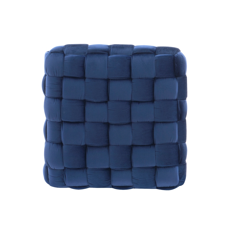 Linon Henson Square Stool Black Hairpin Legs Basketweave Seat in Navy Velvet