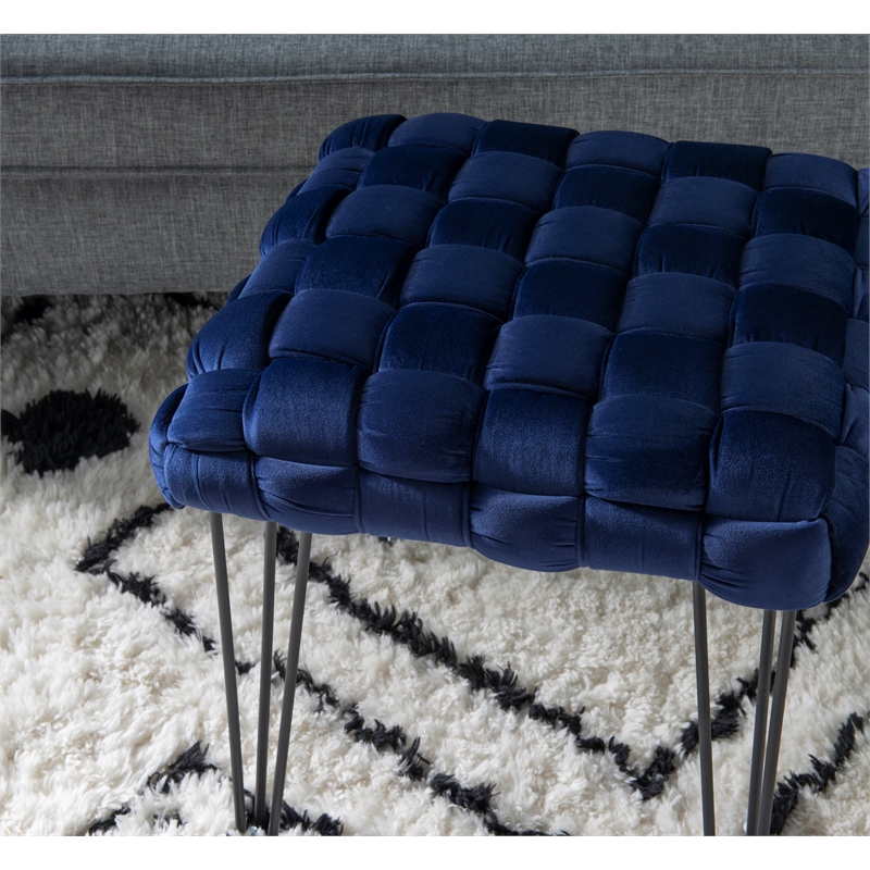 Linon Henson Square Stool Black Hairpin Legs Basketweave Seat in Navy Velvet