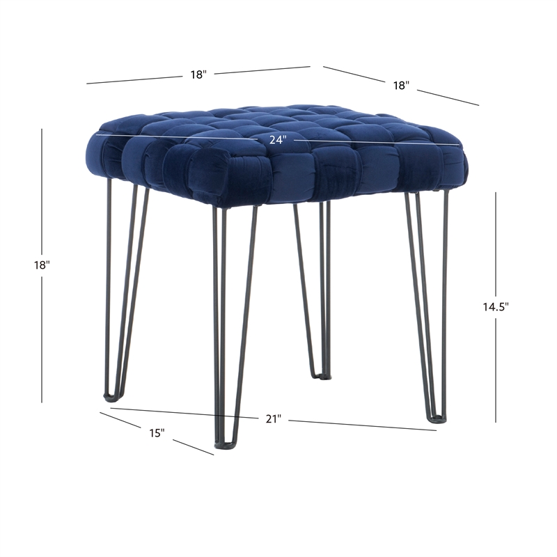 Linon Henson Square Stool Black Hairpin Legs Basketweave Seat in Navy Velvet