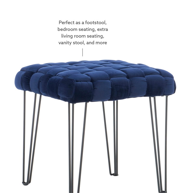 Linon Henson Square Stool Black Hairpin Legs Basketweave Seat in Navy Velvet