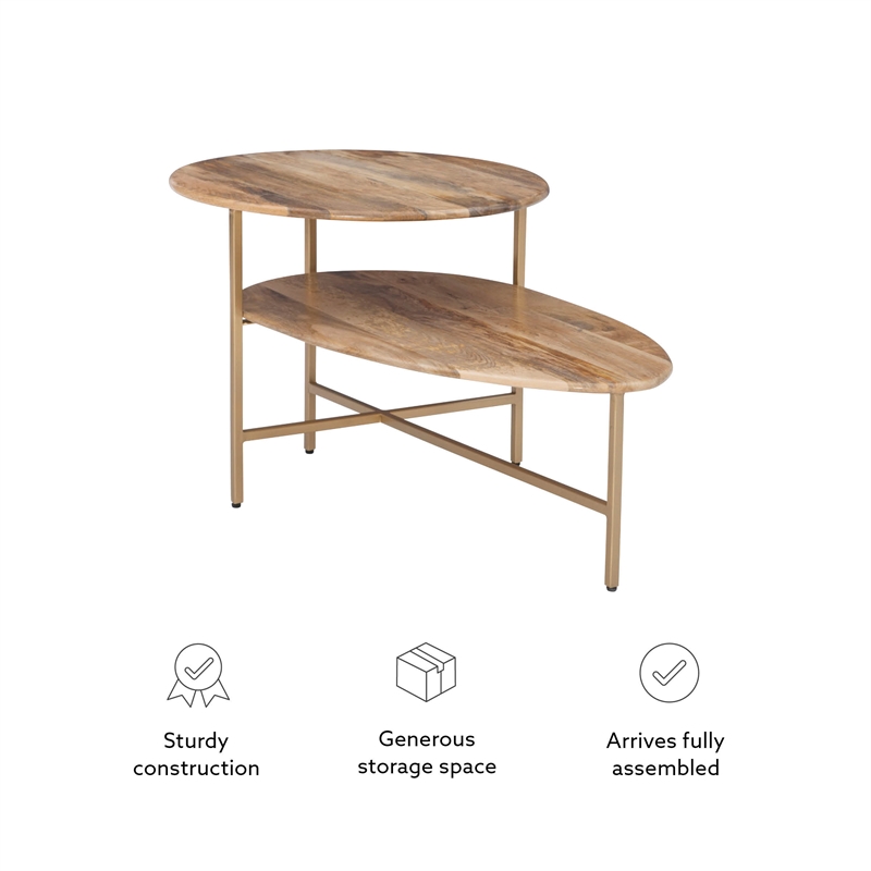Linon Devyn Two Tiered Wood and Metal Coffee Table in Natural and Gold
