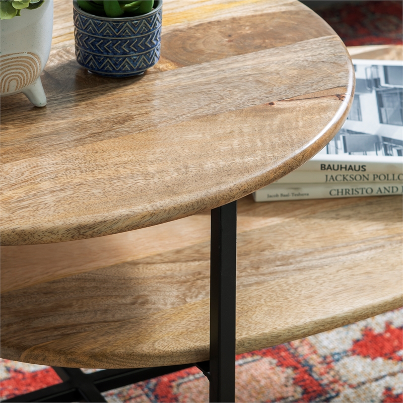 Linon Devyn Two Tiered Wood and Metal Coffee Table in Natural and Black