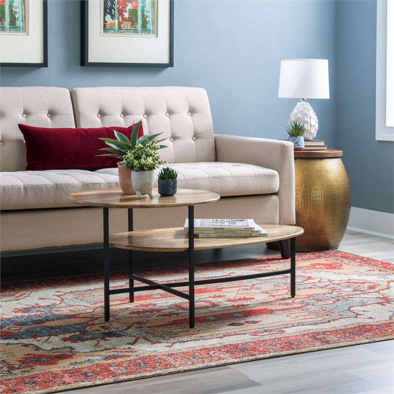 Linon Devyn Two Tiered Wood and Metal Coffee Table in Natural and Black