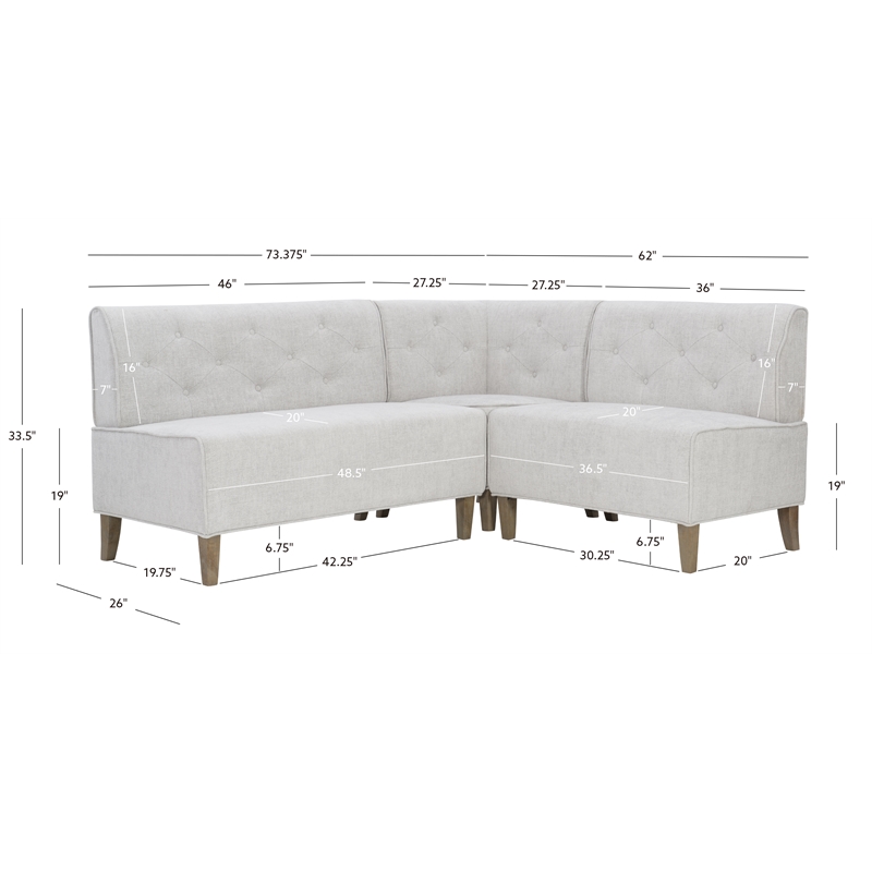Linon Hale Wood Upholstered Corner Nook Bench in Light Grey