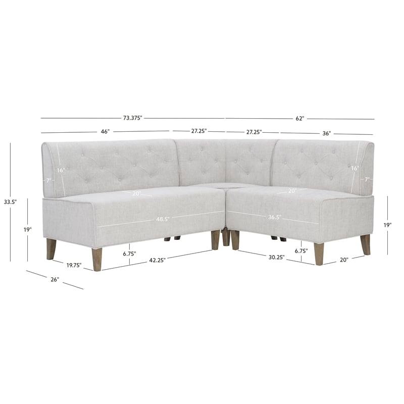 Linon Hale Wood Upholstered Corner Nook Bench in Light Grey