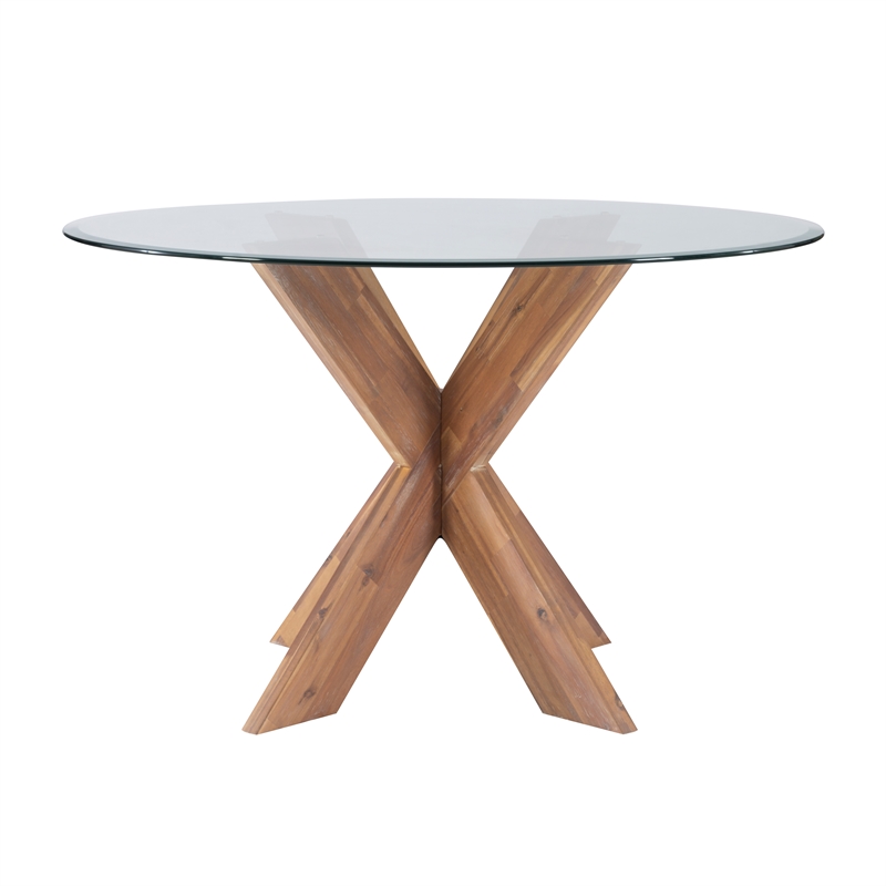 Linon Hale X Base Wood Dining Table With Glass in Natural Brown