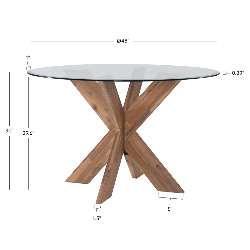 Linon Hale X Base Wood Dining Table With Glass in Natural Brown