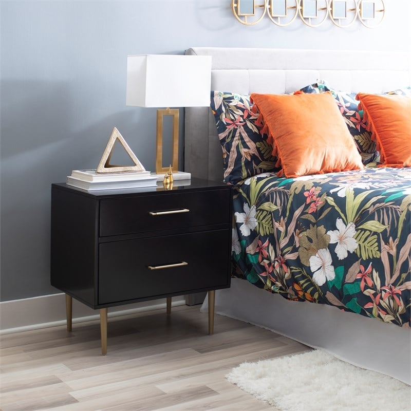 Linon Dylan Wood Nightstand with 2 Drawers and Gold Accents in Black