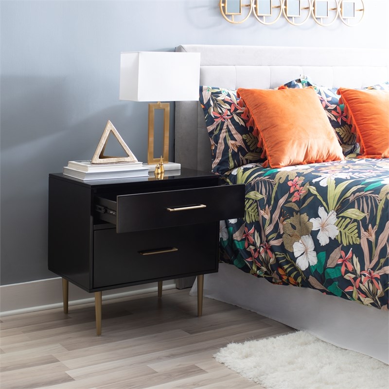 Linon Dylan Wood Nightstand with 2 Drawers and Gold Accents in Black