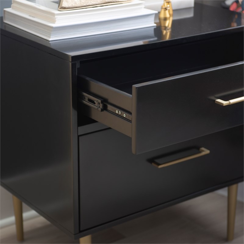 Linon Dylan Wood Nightstand with 2 Drawers and Gold Accents in Black