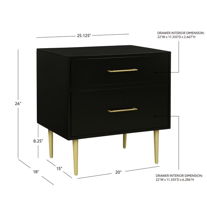 Linon Dylan Wood Nightstand with 2 Drawers and Gold Accents in Black
