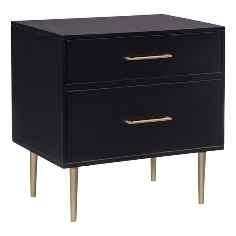 Linon Dylan Wood Nightstand with 2 Drawers and Gold Accents in Black