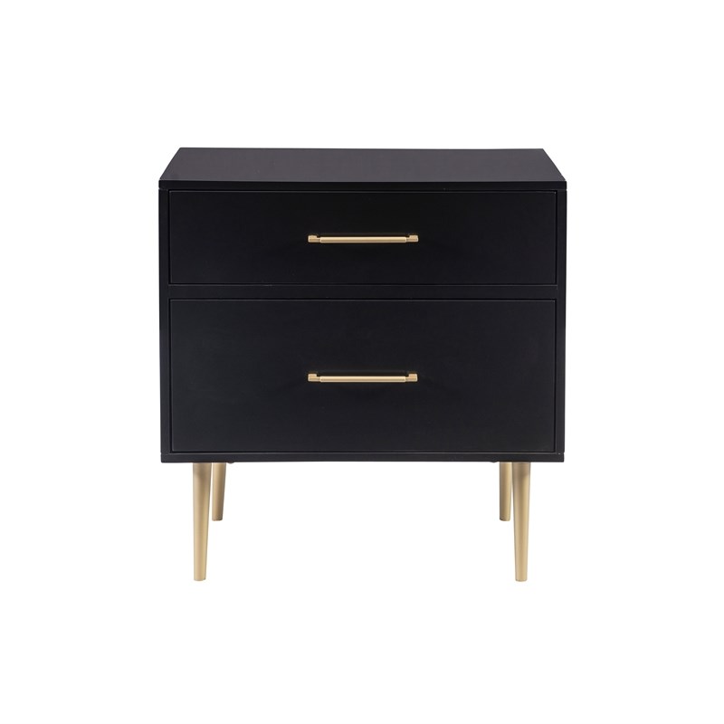 Linon Dylan Wood Nightstand with 2 Drawers and Gold Accents in Black