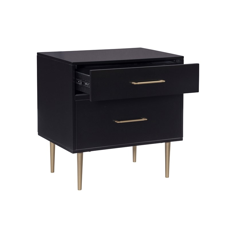 Linon Dylan Wood Nightstand with 2 Drawers and Gold Accents in Black