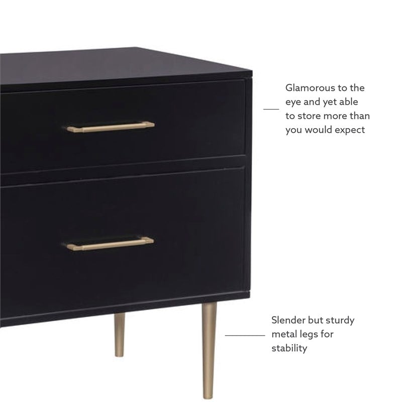 Linon Dylan Wood Nightstand with 2 Drawers and Gold Accents in Black