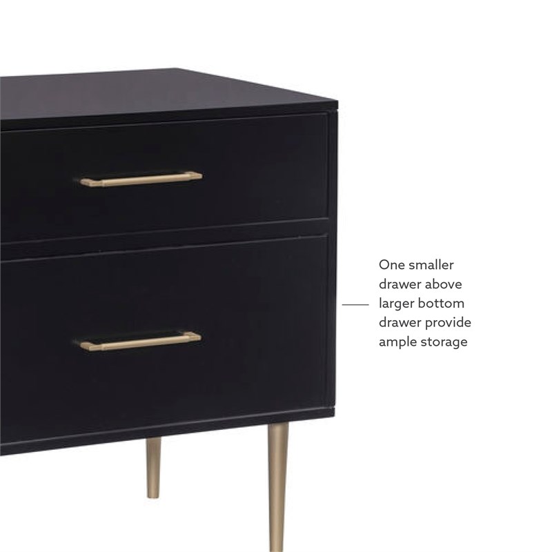 Linon Dylan Wood Nightstand with 2 Drawers and Gold Accents in Black