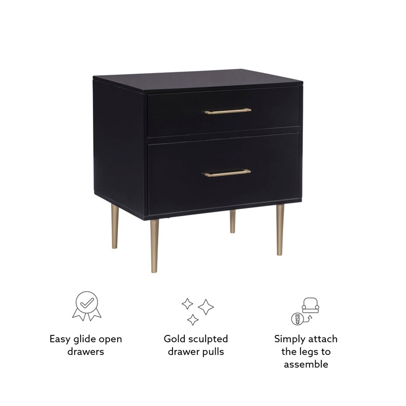 Linon Dylan Wood Nightstand with 2 Drawers and Gold Accents in Black